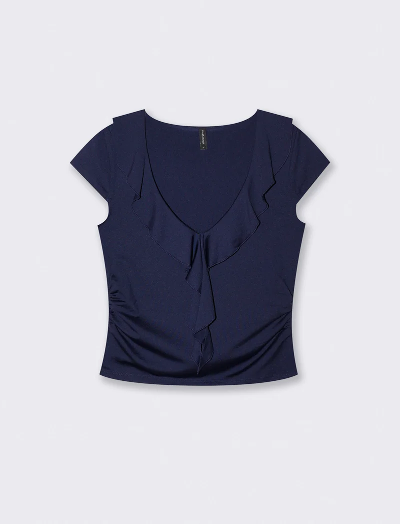 T-shirt manica corta con volant e scollo a V - Blu