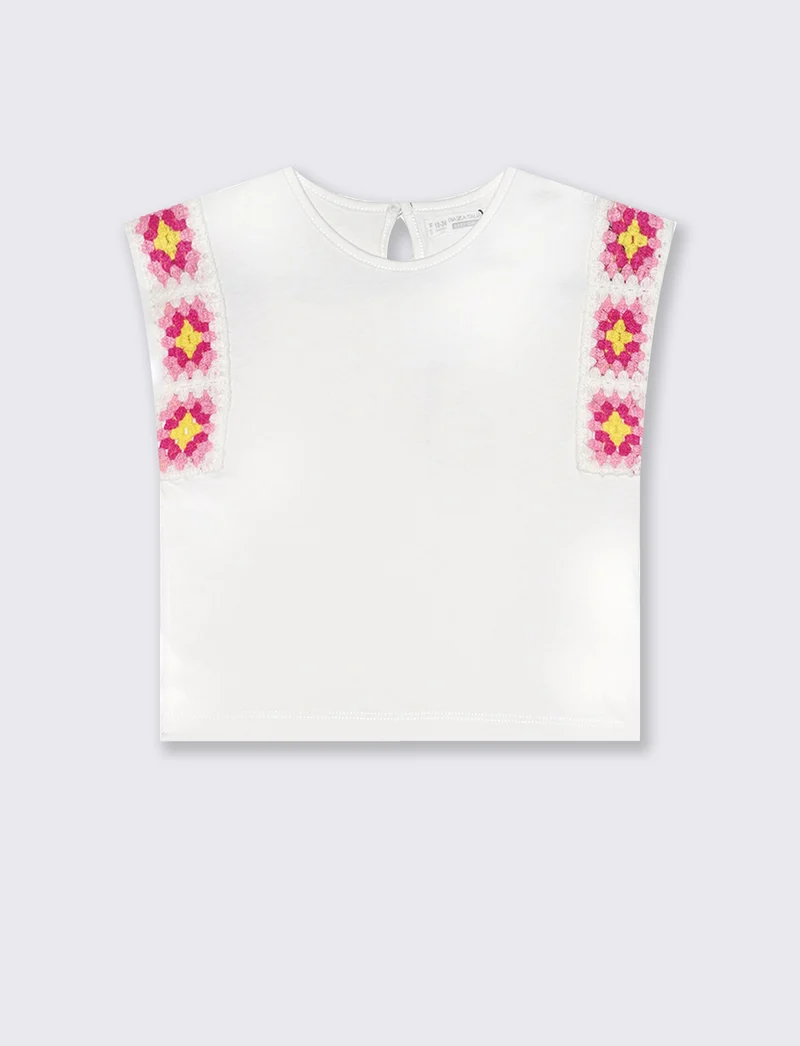 T-shirt in cotone con maniche crochet - Bianco latte