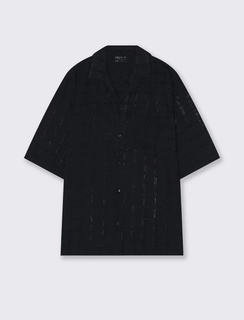 Camicia Boxy Fit a Quadri Intarsiata - Nero