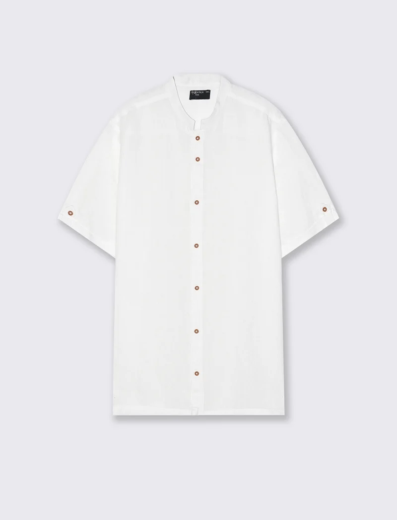 Camicia coreana manica corta in lino - Bianco