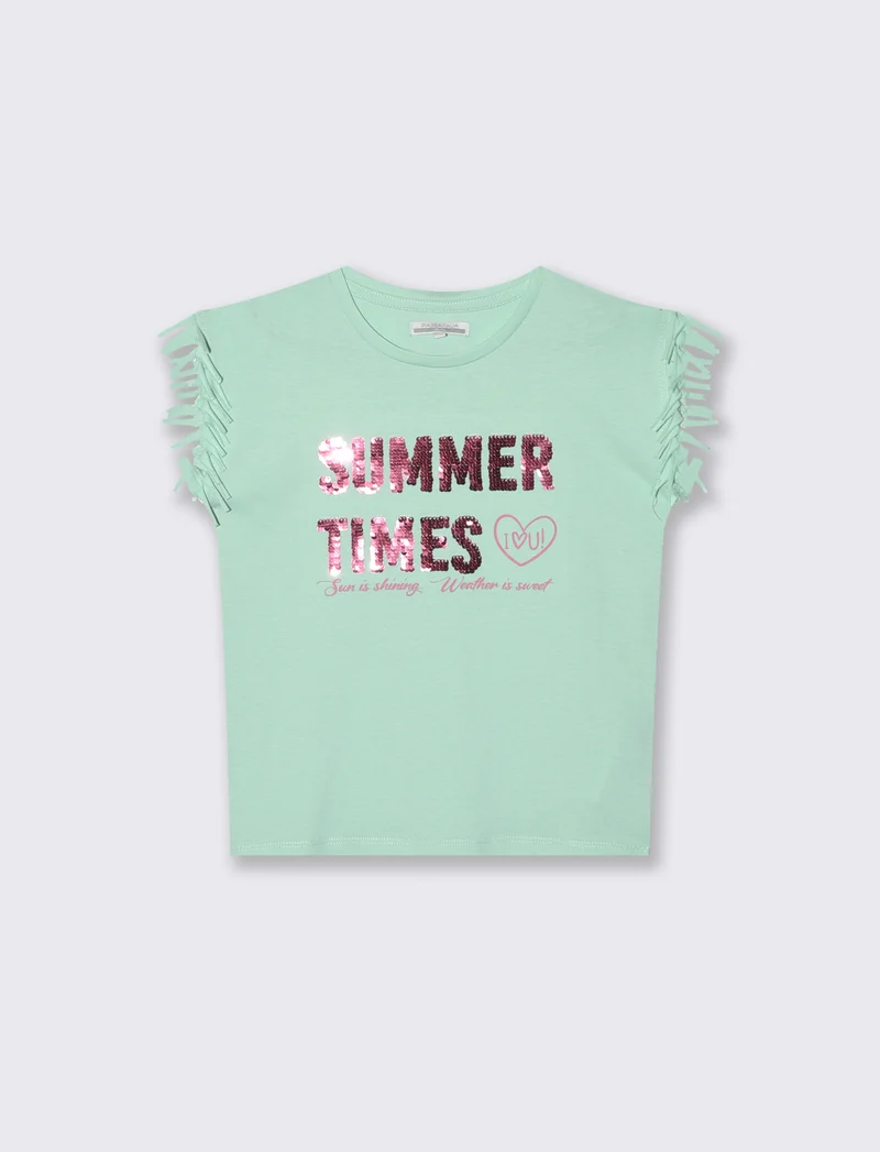 T-shirt con frange e paillettes da bambina - Verde acqua