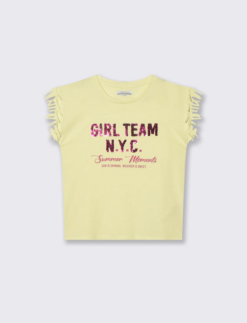 T-shirt con frange e paillettes da bambina - Giallo