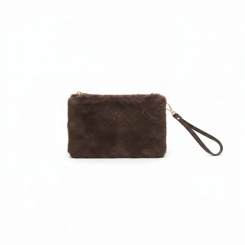 Pochette in finta pelliccia con maniglia - Marrone