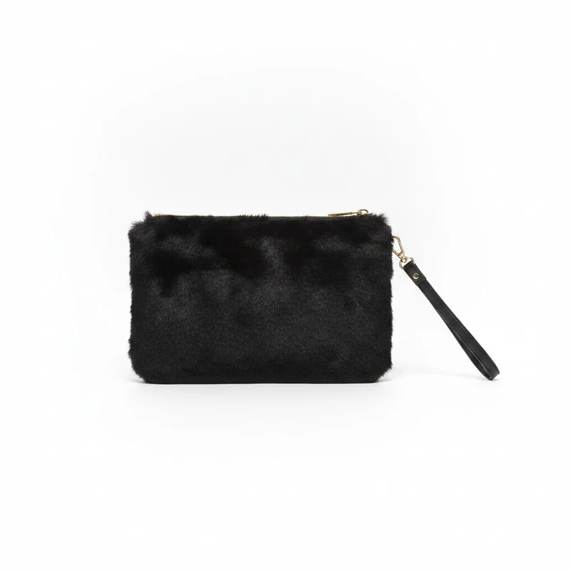Pochette in finta pelliccia con maniglia - Nero