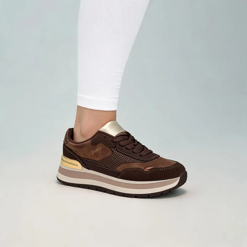 Sneakers marroni con suola alta e oro - Marrone