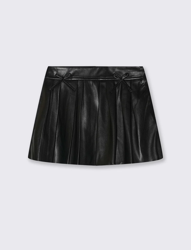 Gonna a pieghe in finta pelle con fiocchi - Nero