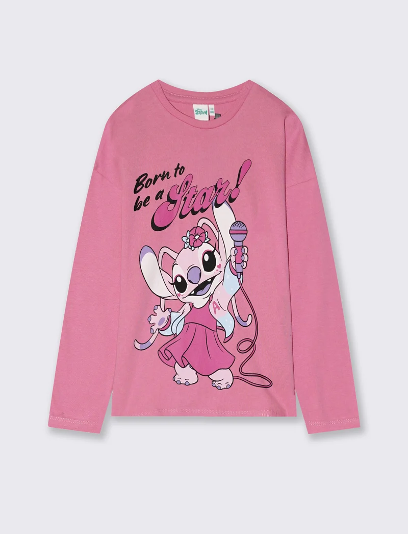 T-shirt manica lunga Stitch/Angel in cotone - Rosa candy