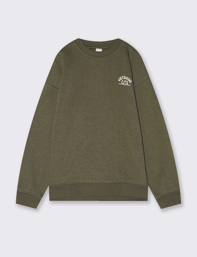 Felpa girocollo minimal con stampa e spacchetti - Verde militare