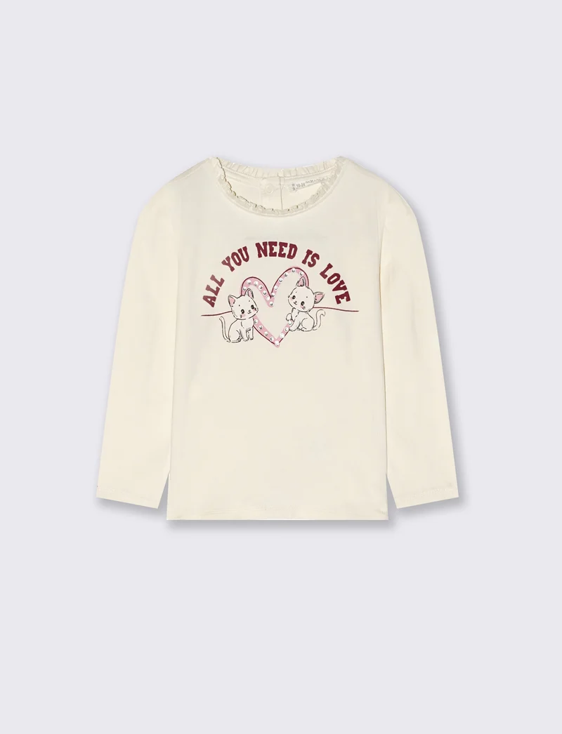 Maglietta manica lunga con strass e stampa - Bianco latte