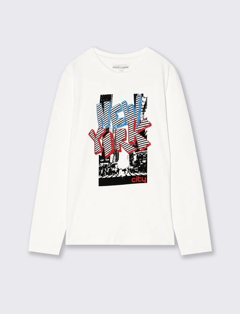 T-shirt manica lunga in cotone con stampa - Bianco latte