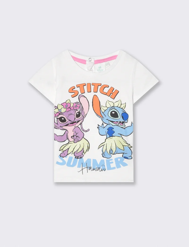 Maglietta Stitch colorata girocollo corta - Bianco