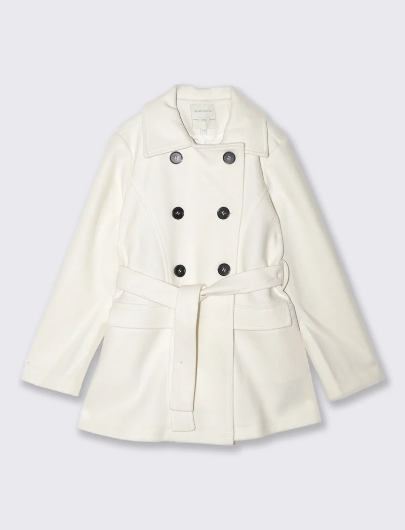 Cappotto in panno morbido con cintura - Bianco latte