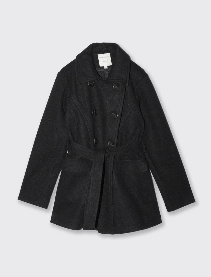 Cappotto in panno morbido con cintura - Nero