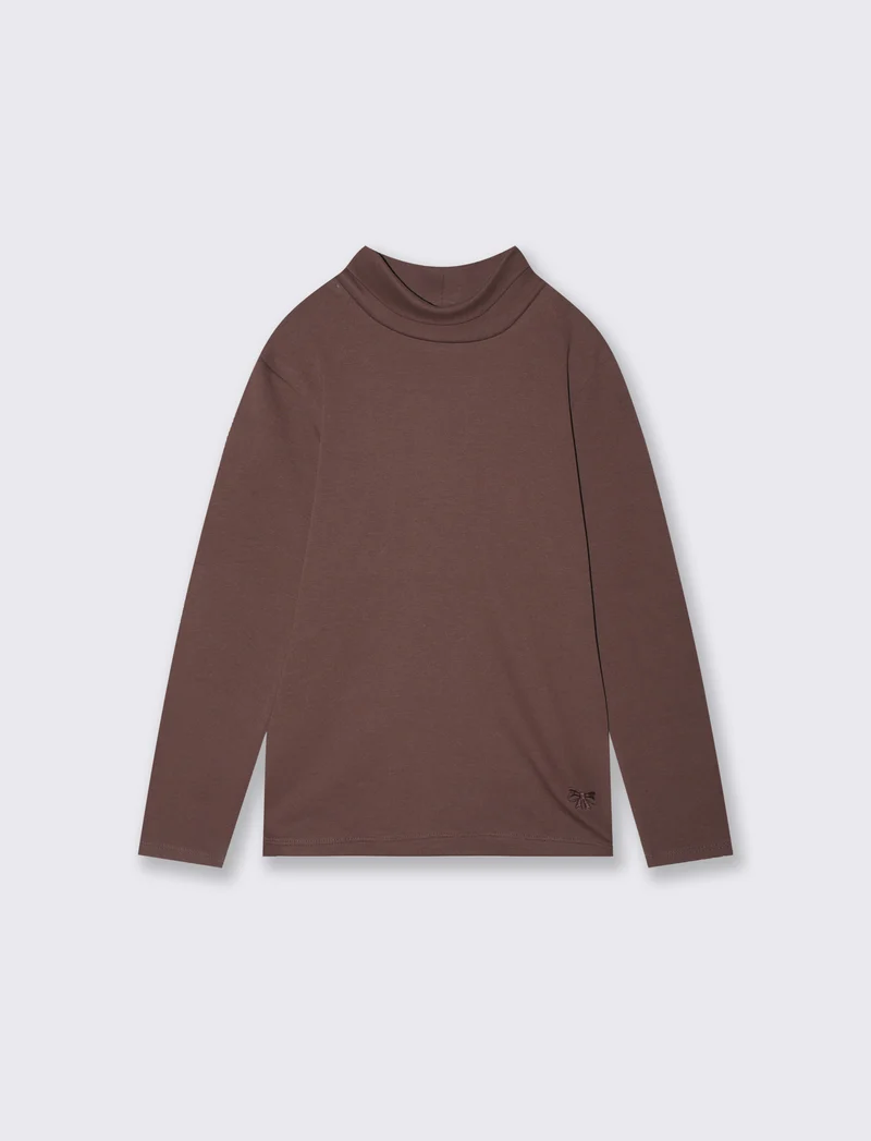 T-shirt collo alto manica lunga interlock - Marrone cioccolato