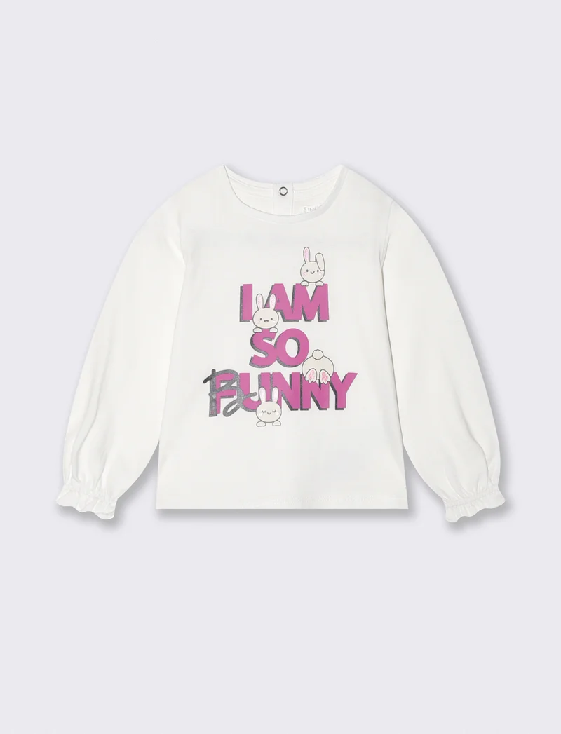 T shirt manica lunga girocollo con stampa - Bianco latte