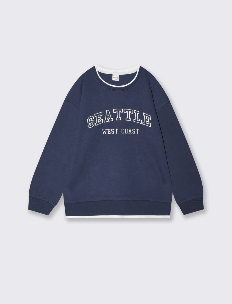 Felpa girocollo con ricamo e comfort - Blu