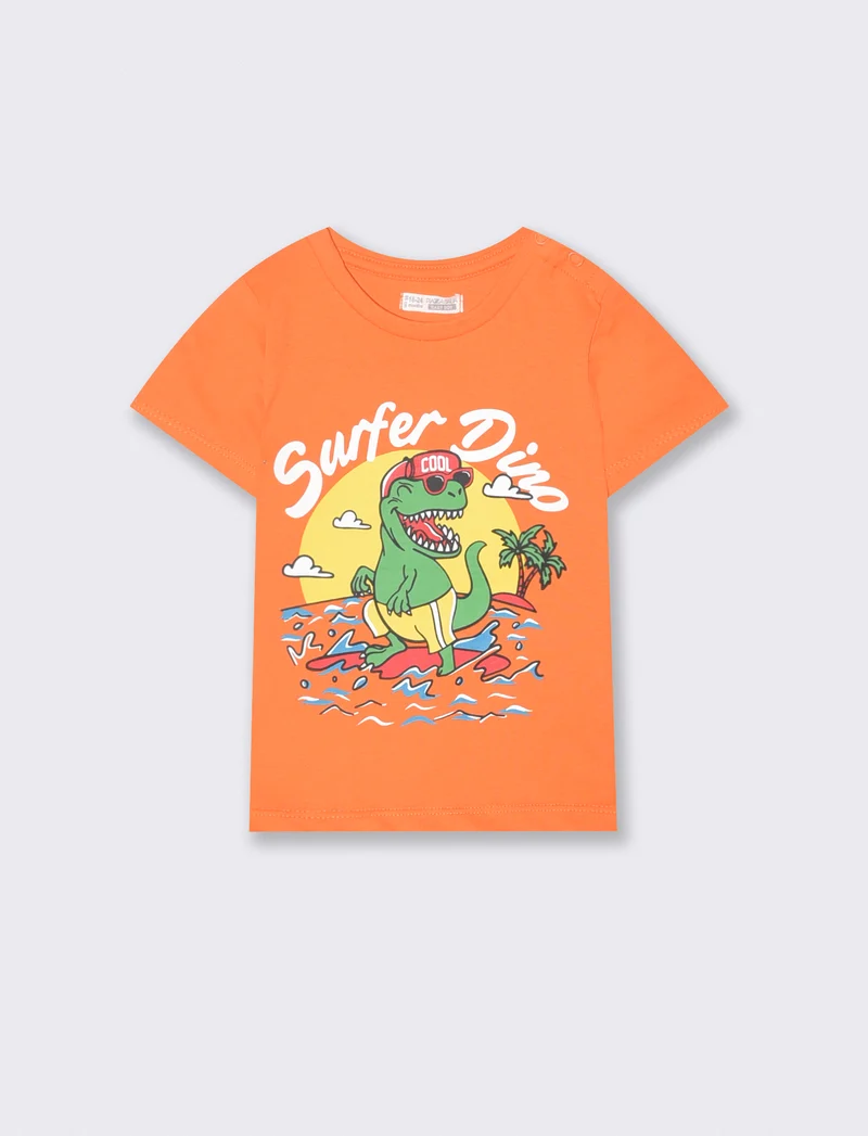 T-shirt girocollo con stampa e bottoni - Arancio