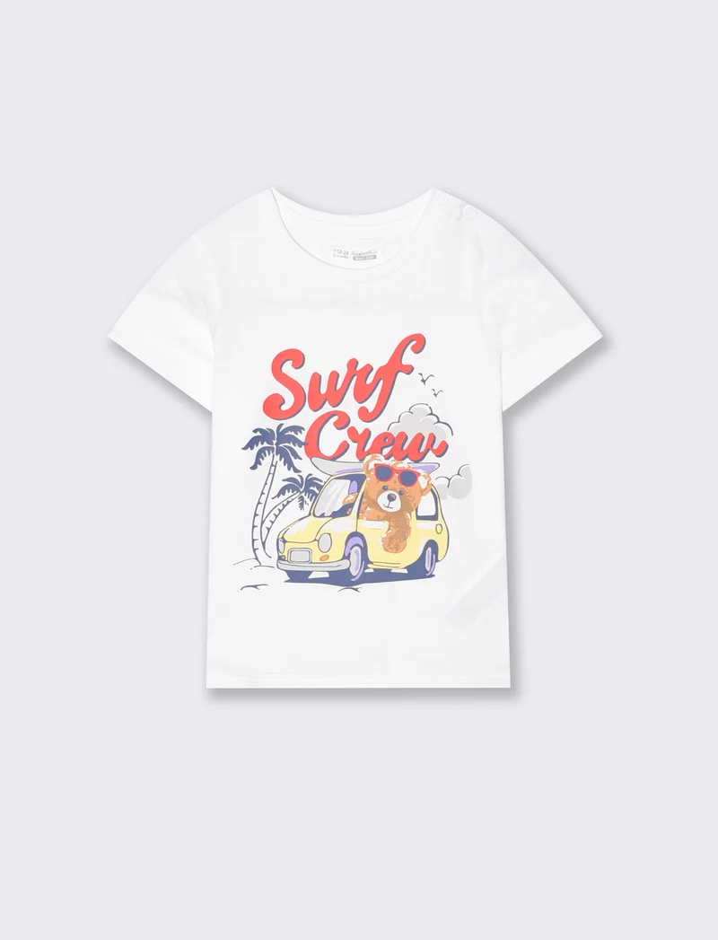 T-shirt girocollo con stampa e bottoni - Bianco