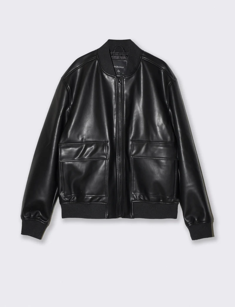 Giubbotto bomber effetto pelle con tasche - Nero
