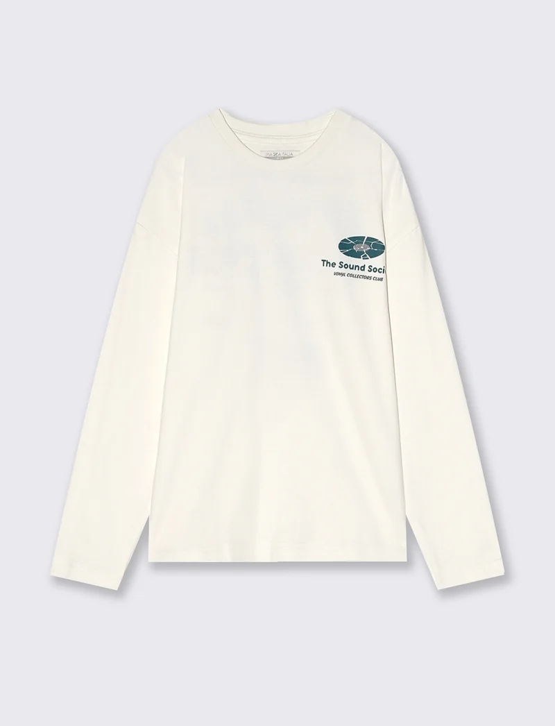 T-shirt loose in jersey peach con stampe - Bianco latte