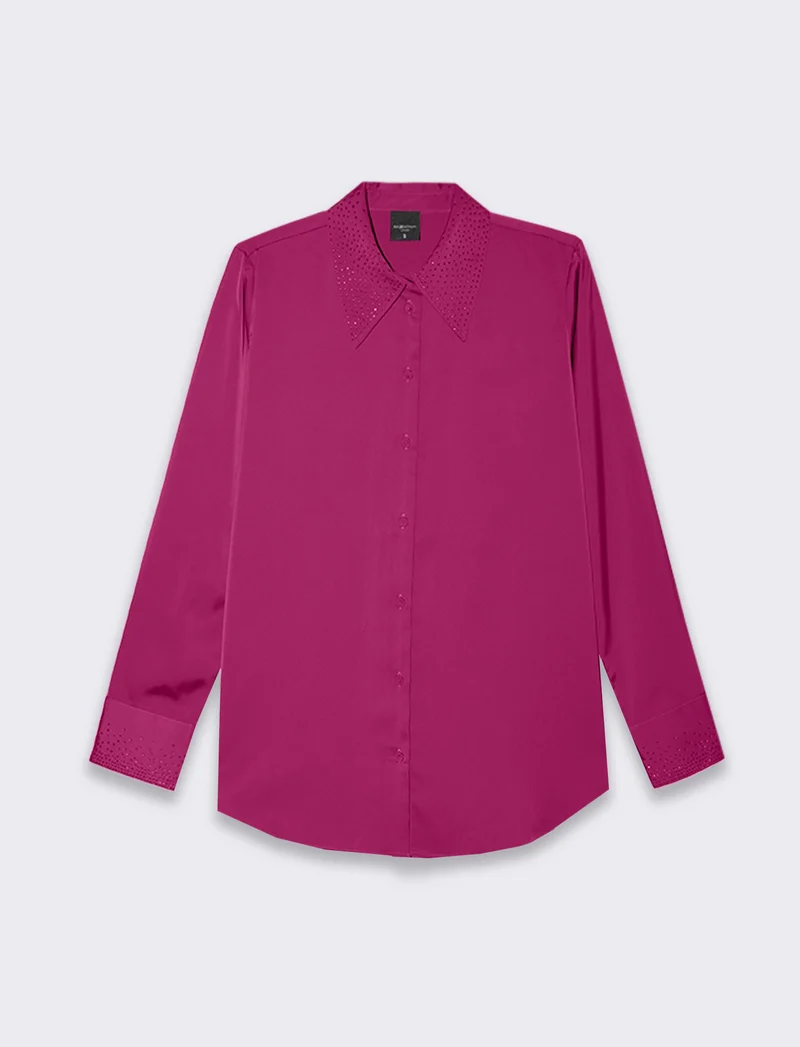 Camicia manica lunga in satin con strass da donna - Vinaccia