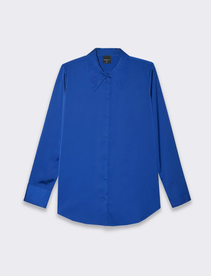 Camicia manica lunga in satin con strass da donna - Bluette