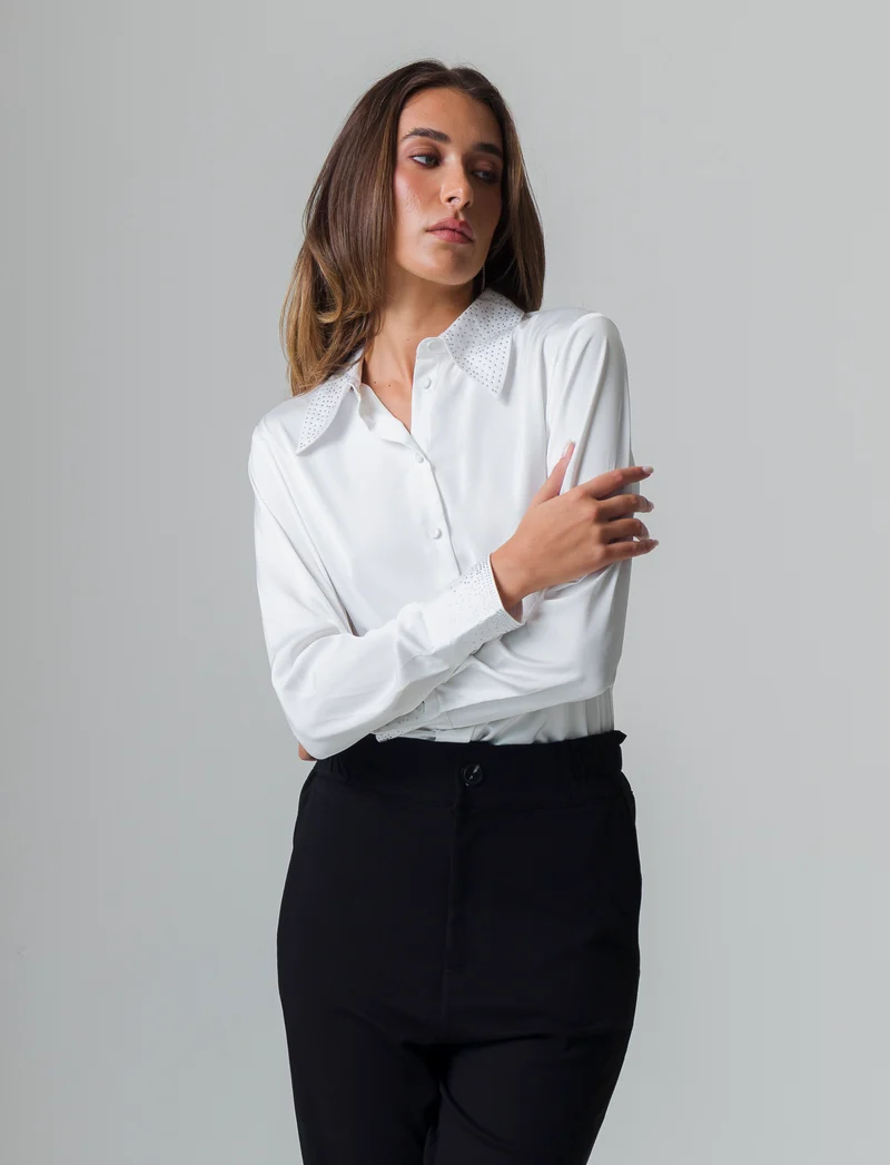 Camicia manica lunga in satin con strass da donna - Bianco panna