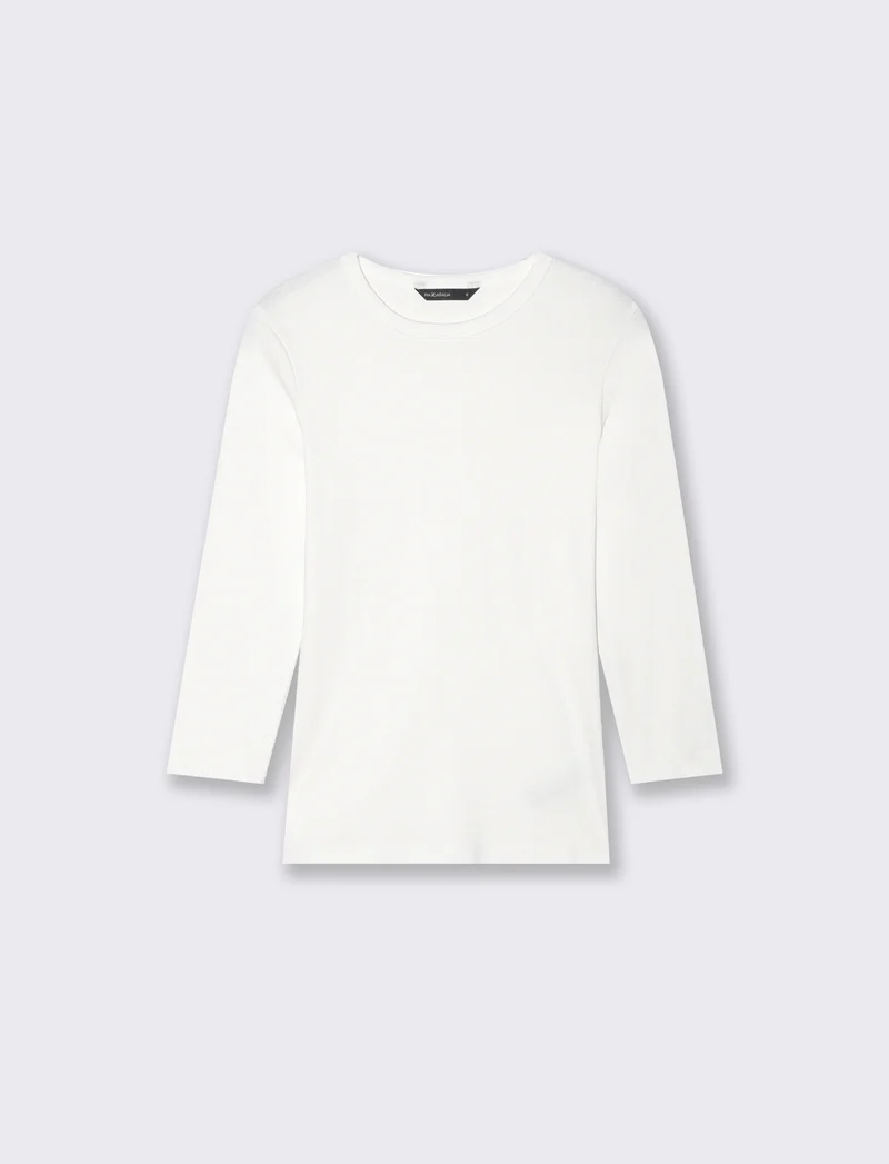 T-shirt basica a costine girocollo 3/4 - Bianco latte