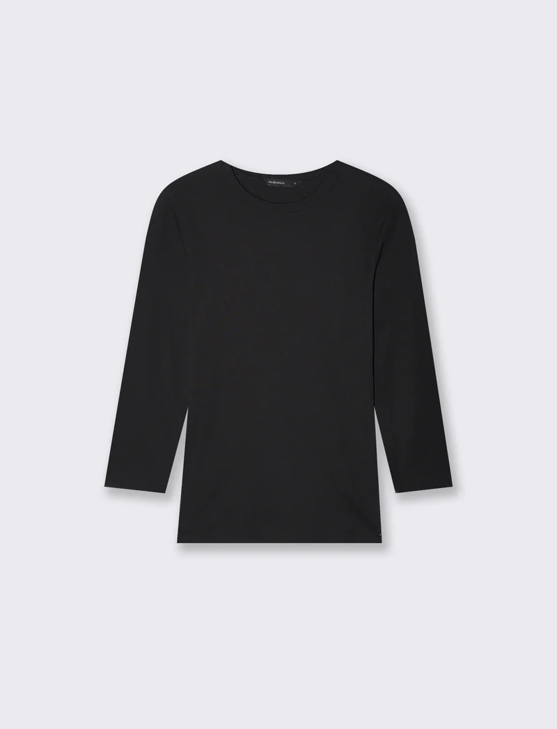 T-shirt basica a costine girocollo 3/4 - Nero