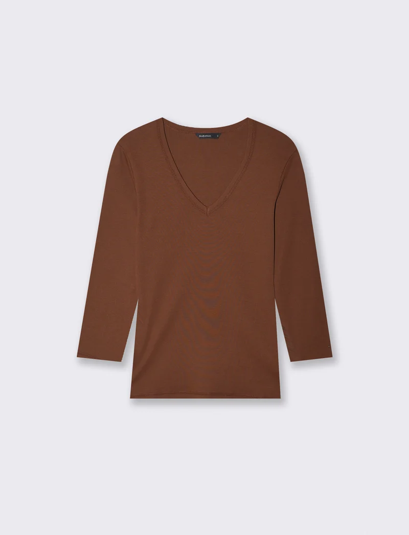 T-shirt a costine con scollo a V - Marrone cioccolato