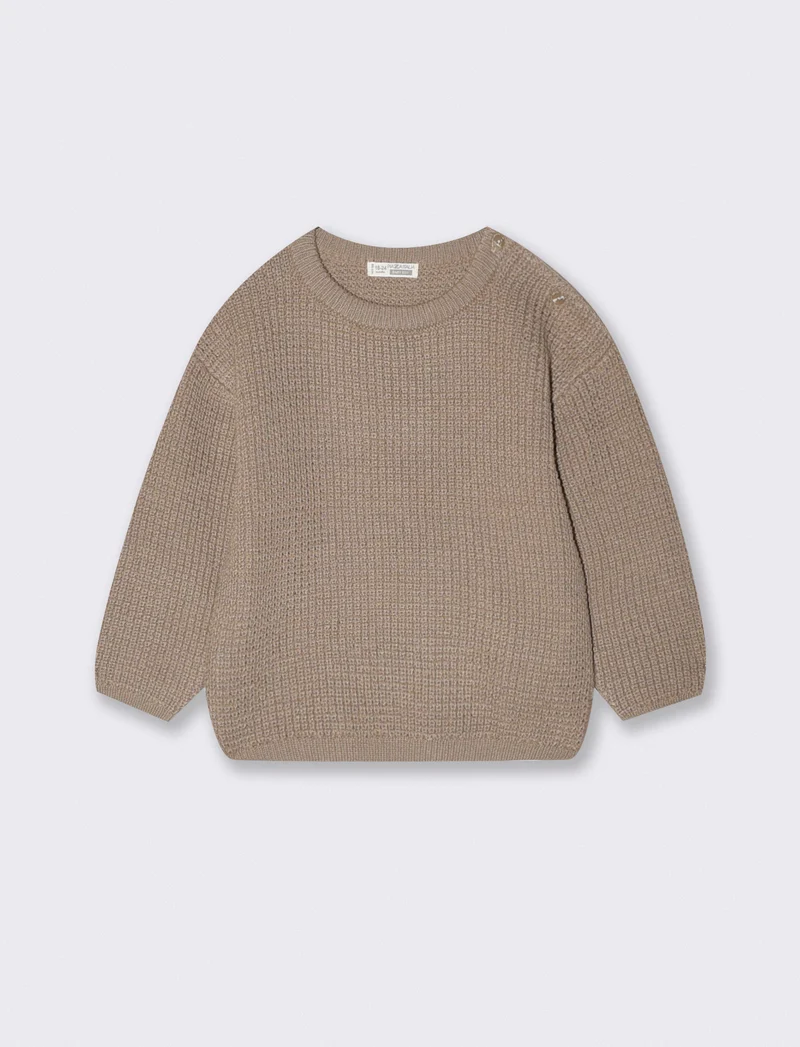 Maglione girocollo a righe con bottoncini - Beige