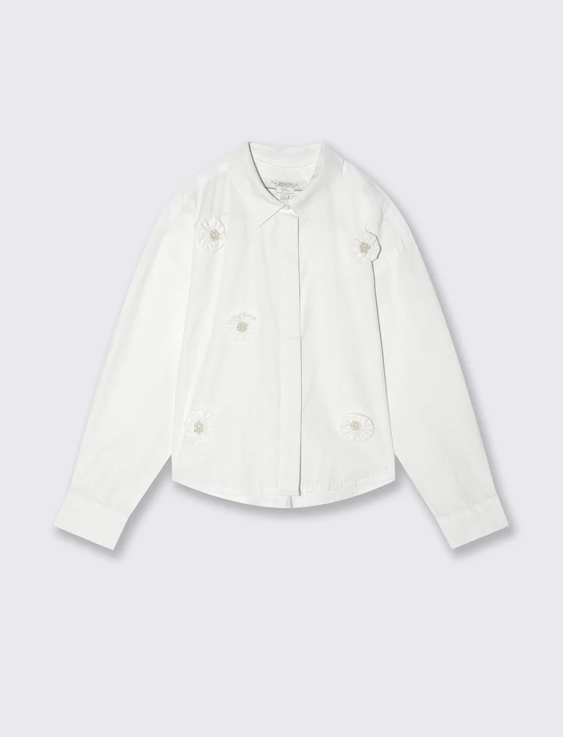 Camicia manica lunga con fiori e perline - Bianco latte
