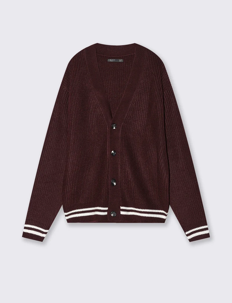 Maglia Cardigan con Bottoni e Contrasto - Bordeaux