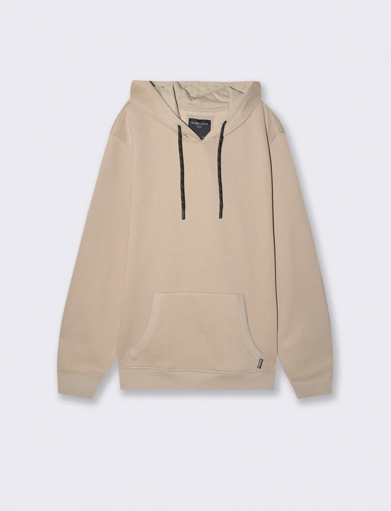 Felpa Basic con Cappuccio e Tasca Marsupio - Beige