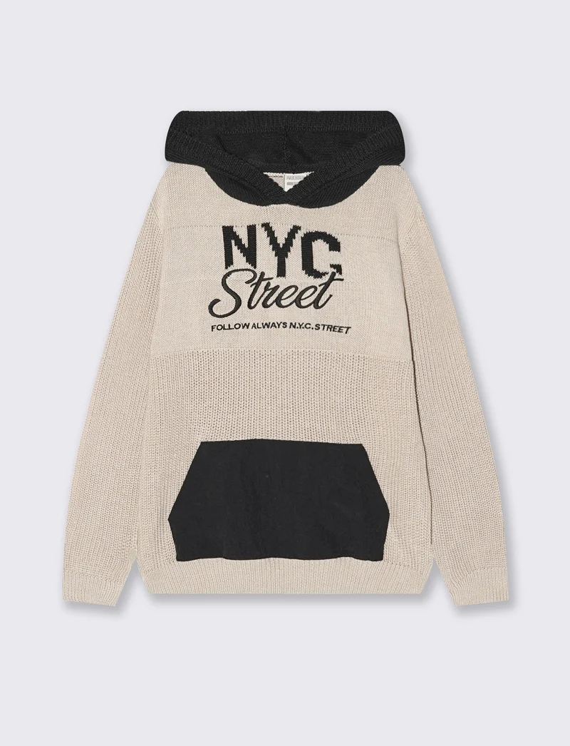 Maglione con cappuccio e marsupio jacquard - Beige