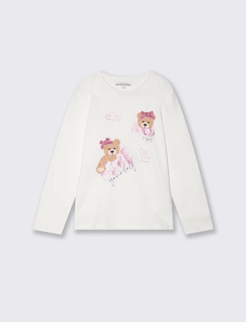 T-Shirt manica lunga con stampa colorata - Bianco latte