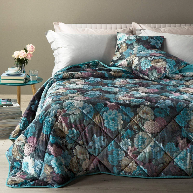 Trapunta rose blu Floreale in Velluto 200 gr/mq