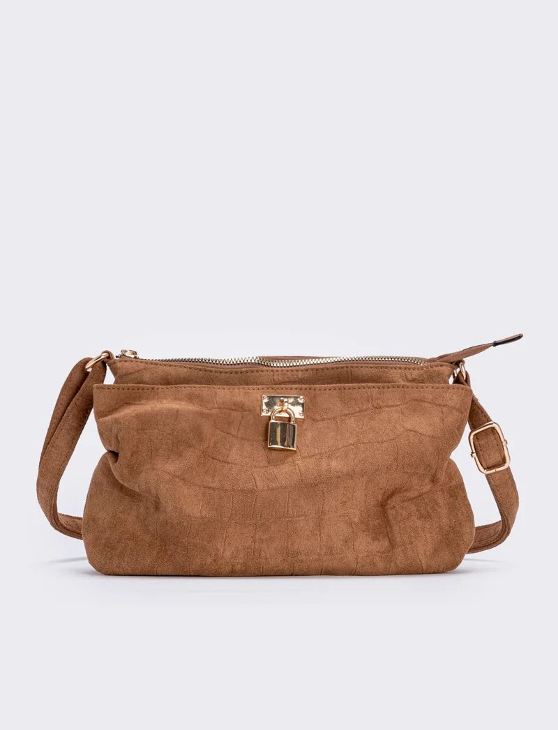 Borsetta suede cocco con lucchetto - Cammello