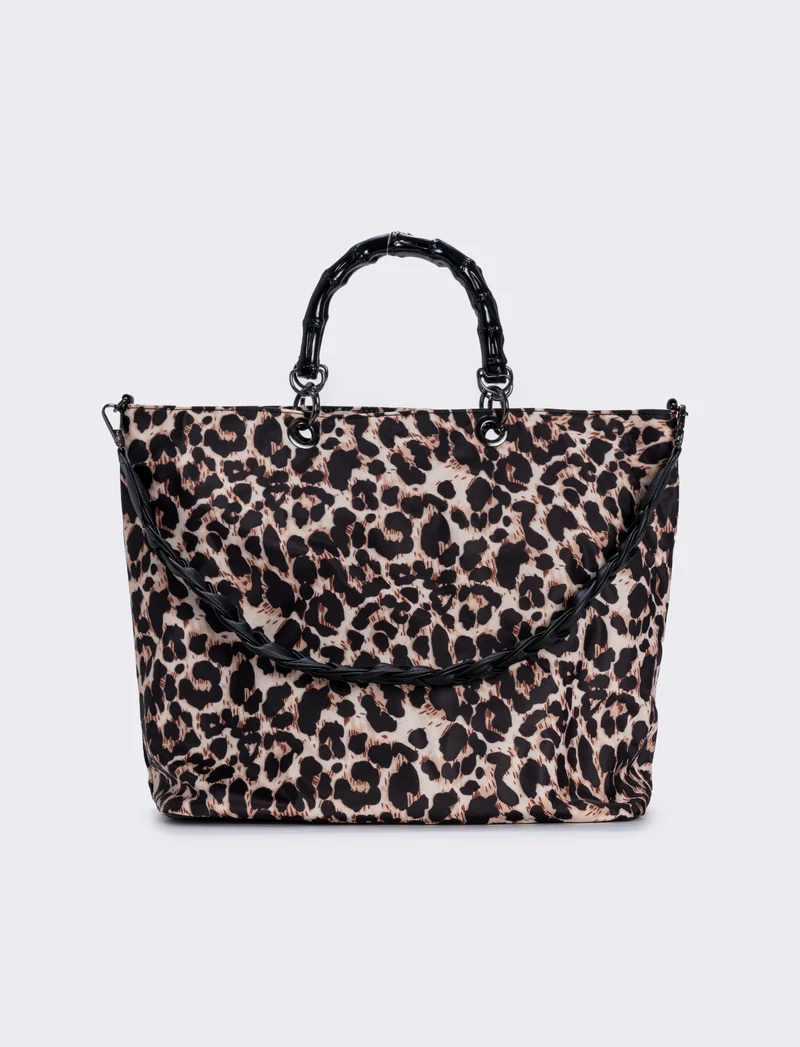 Borsa shopping nylon con manici bamboo - Leopardato