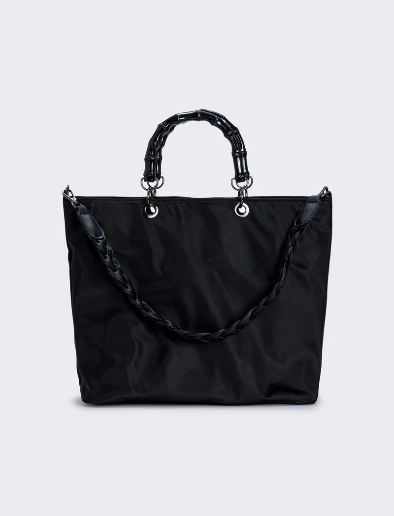 Borsa shopping nylon con manici bamboo - Nero