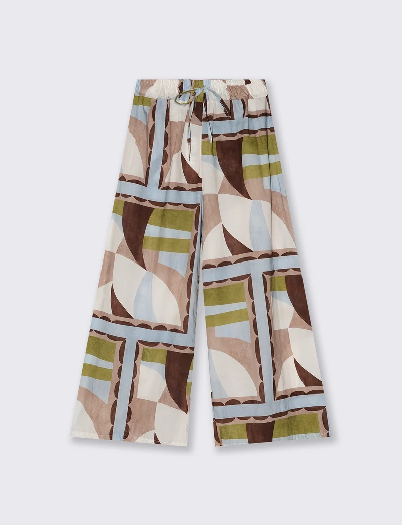 Pantaloni ampi con coulisse e stampa - Verde