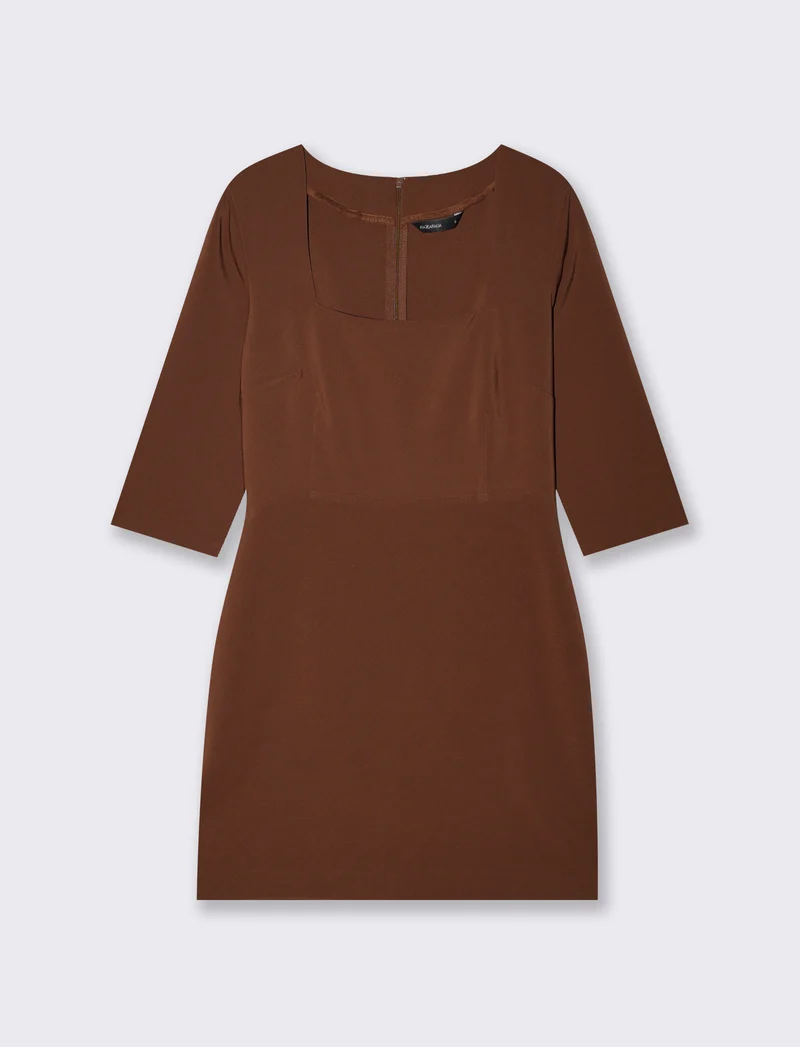 Vestito corto con scollo quadrato e manica tre quarti - Marrone cioccolato
