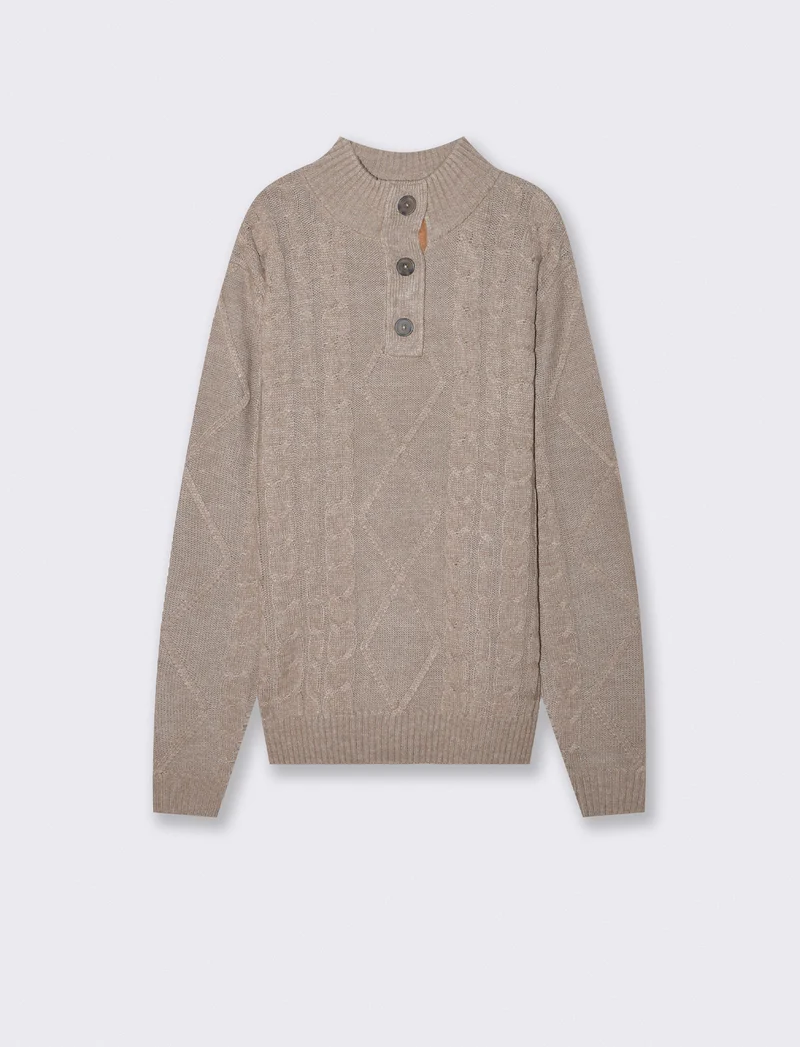 Maglia mezzo collo a trecce con bottoni - Grigio tortora