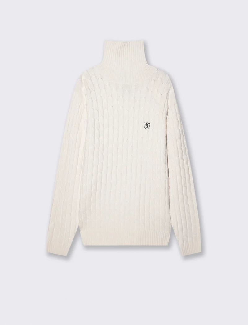 Maglia dolcevita a trecce con ricamo - Beige ecru