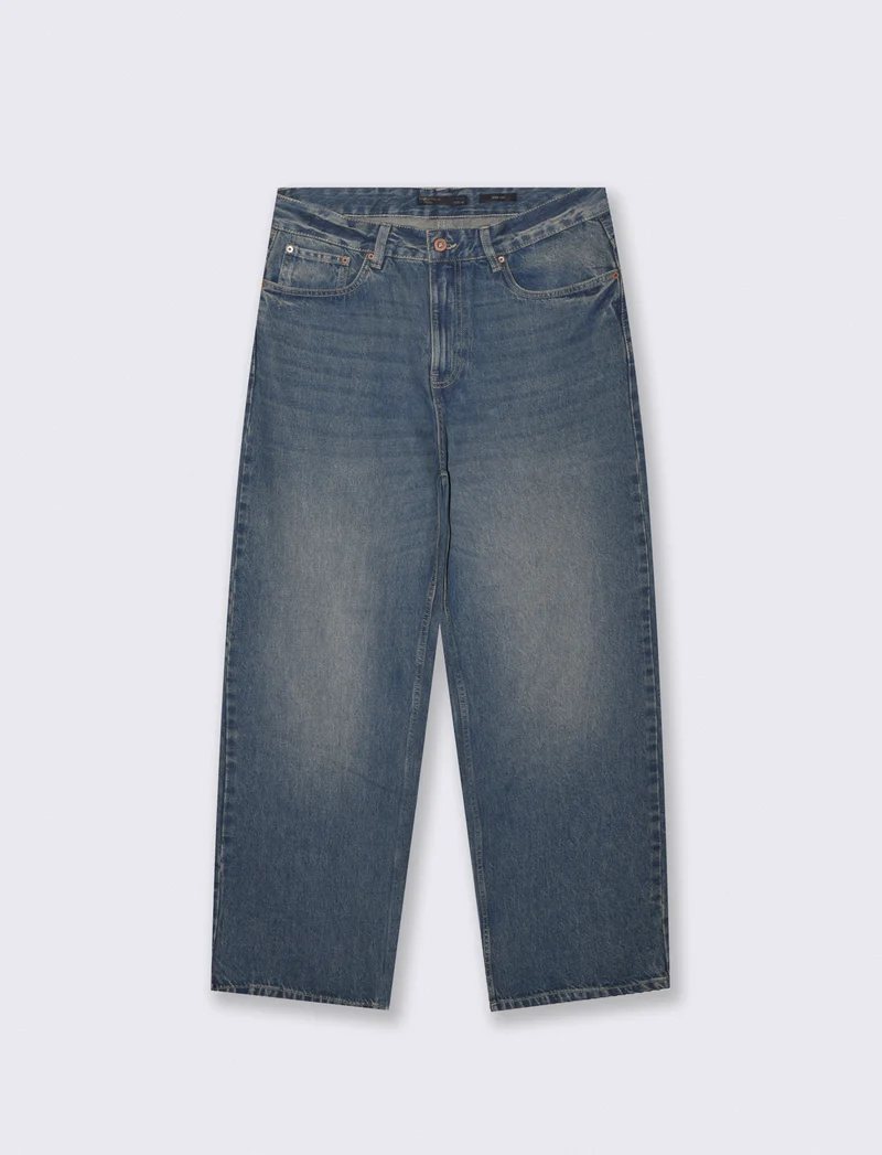 Jeans Wide Leg Blu Medio Effetto Slavato - Denim