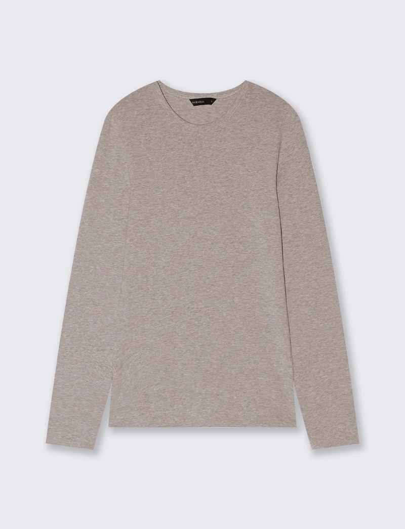 T-shirt basica manica lunga girocollo - Beige melange