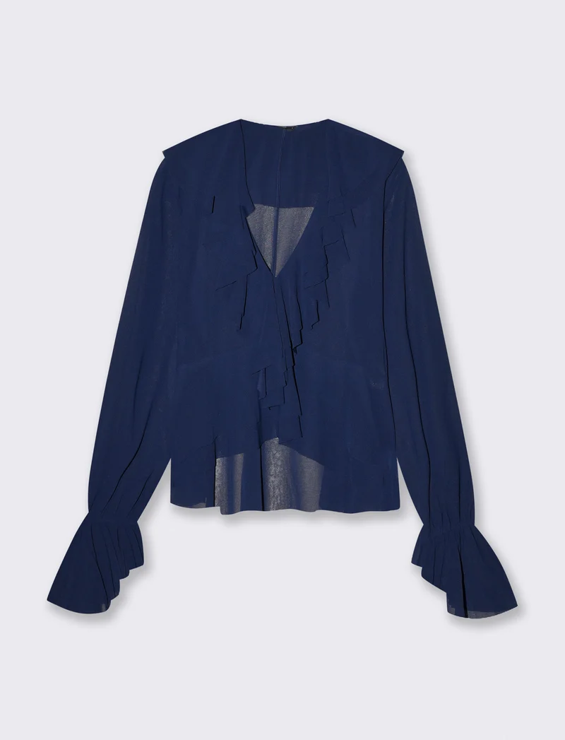 Casacca manica lunga scollo a V e volant - Blu