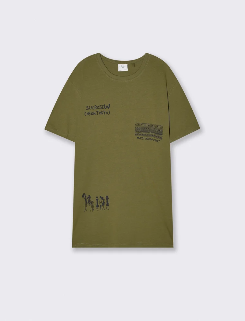 T-shirt girocollo regular fit con stampe - Verde oliva