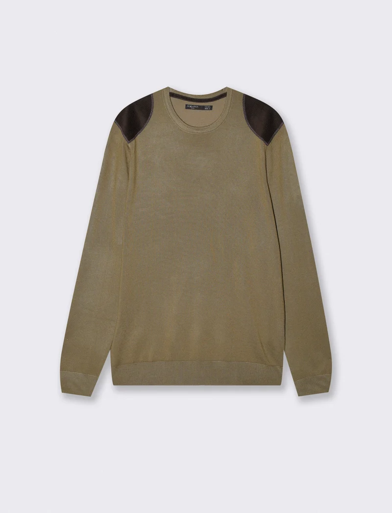 Maglia girocollo slim fit con toppe velluto - Verde kaki