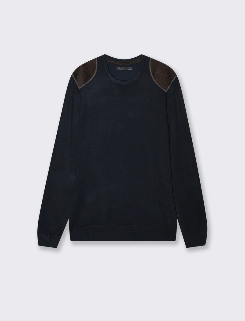 Maglia girocollo slim fit con toppe velluto - Blu